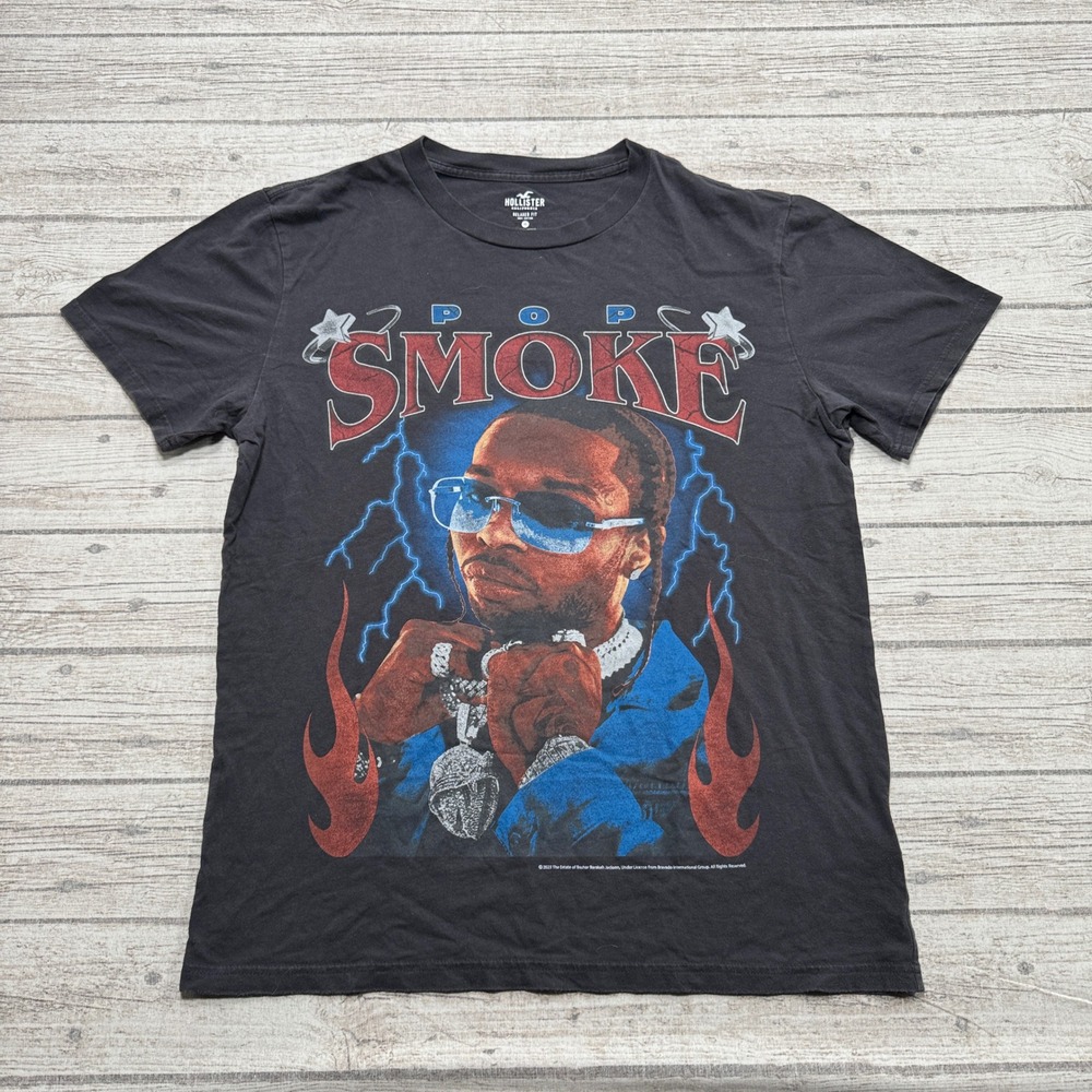 Hollister Pop Smoke T-Shirt Men's Medium Black Relaxed Fit Rap Hip Hop Skater